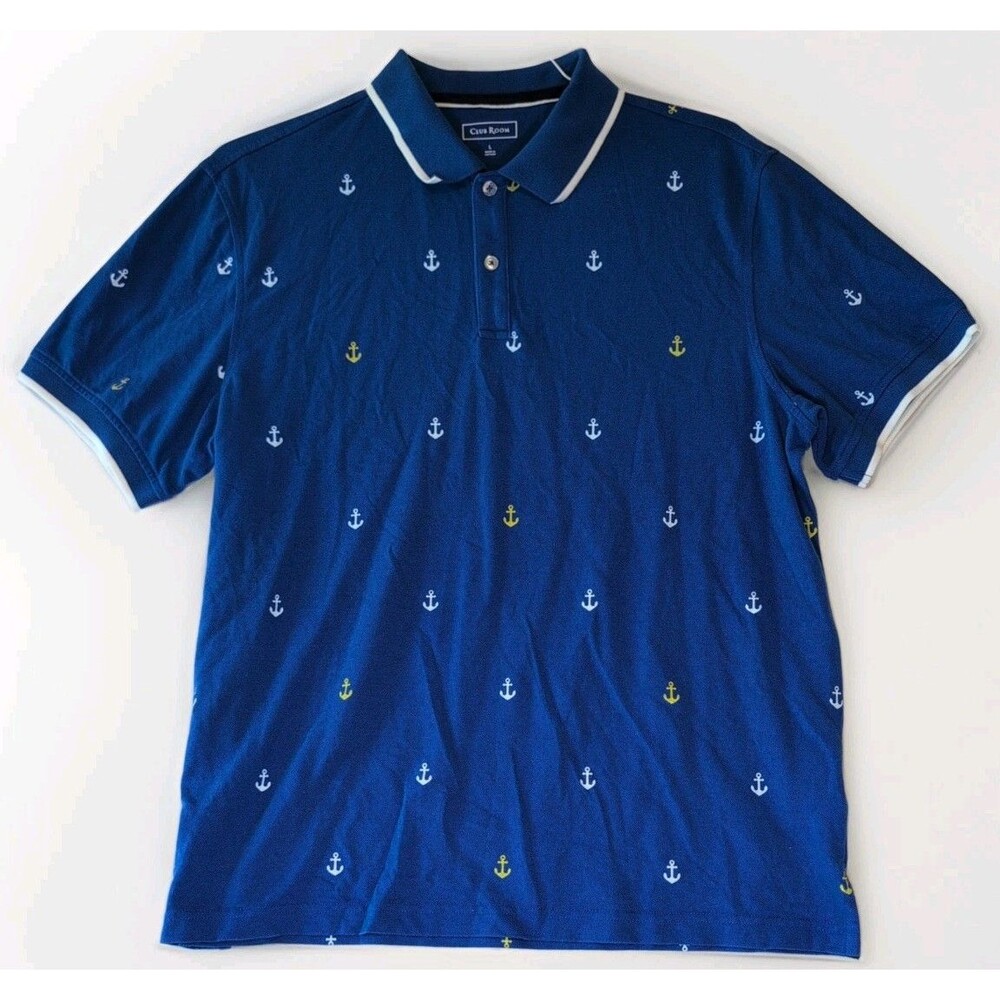 Club Room Men's Sz Polo Shirt In Blue And White Yellow Anchor Pattern